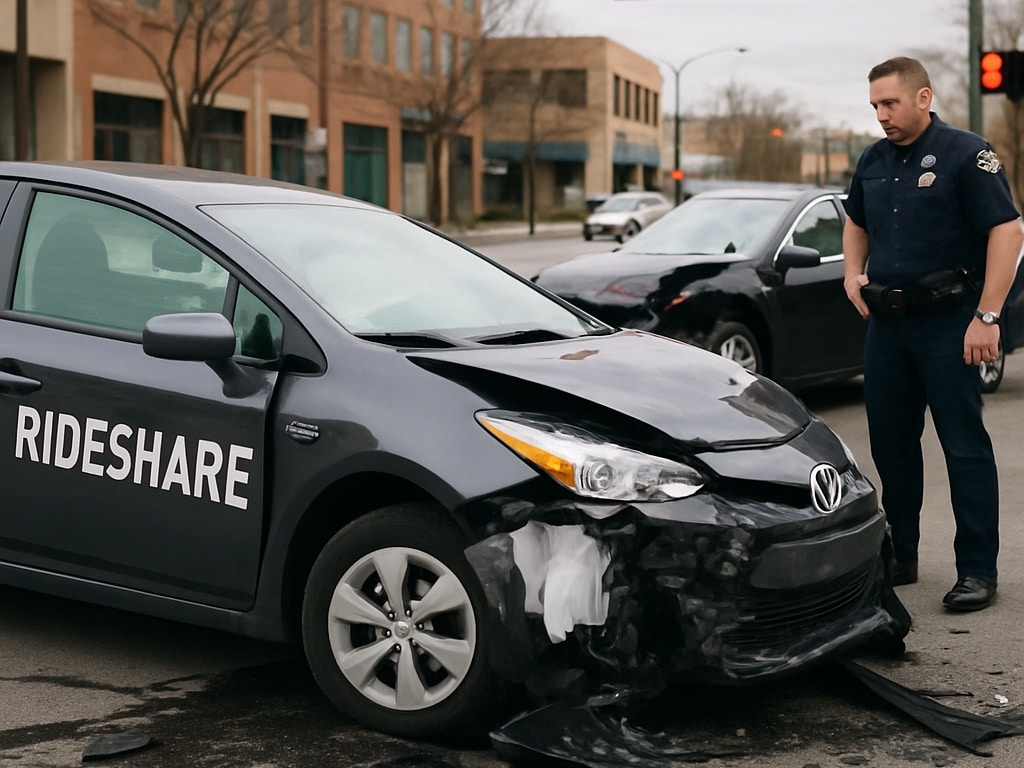 Rideshare vehicle accident scene with damaged car, police officer assessing the situation, highlighting rideshare-related incidents in Schaumburg, Illinois.